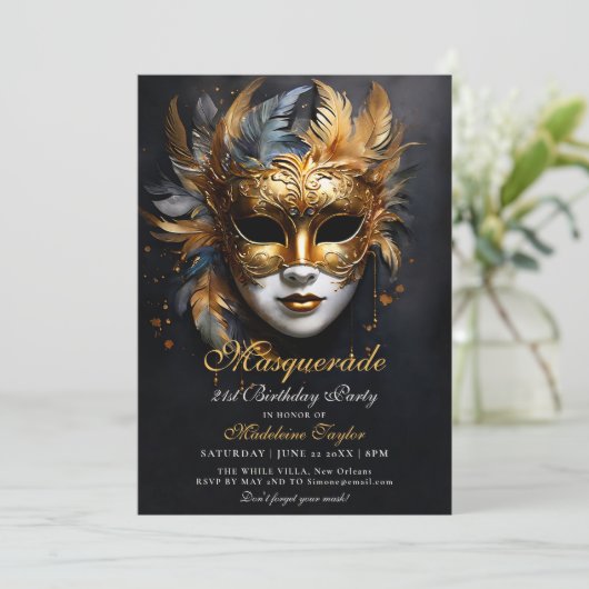 Masquerade Venetiaanse Masker Goud Paarse 21ste Ve Kaart (Staand voorkant)