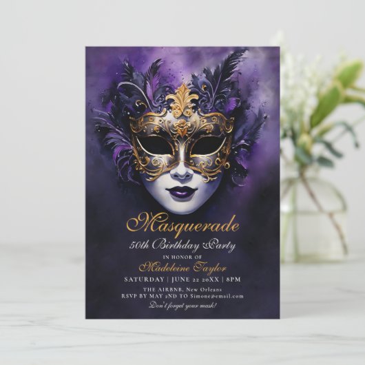 Masquerade Venetiaanse Masker Goud Paarse 50ste Ve Kaart (Staand voorkant)
