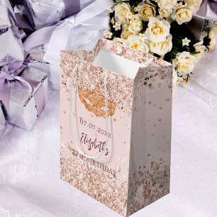 Masquerade verjaardag blush roos gouden naam medium cadeauzakje