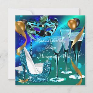 Masquerade Verjaardag Teal Goud Wijn Stiletto 3 Kaart