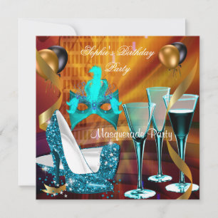 Masquerade Verjaardag Teal Goud Wijn Stiletto 4 Kaart
