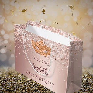 Masquerade verjaardagsblush roos gouden glitter na groot cadeauzakje