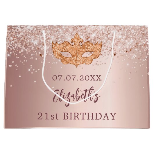 Masquerade verjaardagsblush roos gouden glitter na groot cadeauzakje (Voorkant)