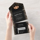 Masquerade verjaardagscasker zwart gouden masker R All In One Uitnodiging (Afscheurbaar)