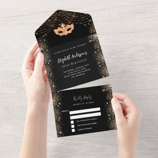Masquerade verjaardagscasker zwart gouden masker R All In One Uitnodiging (Afscheurbaar)