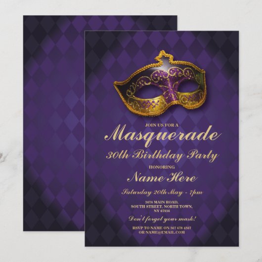 Masquerade Verjaardagsfeest Gouden Paarse Masker U Kaart (Voorkant / Achterkant)