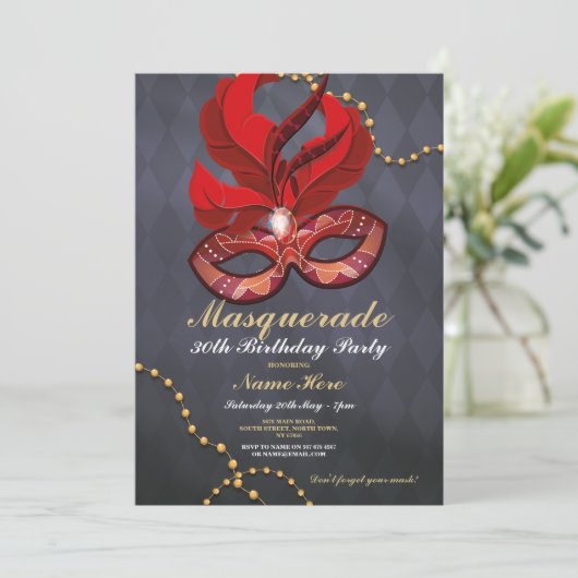 Masquerade Verjaardagsfeestje Gouden Rood Masker U Kaart (Staand voorkant)