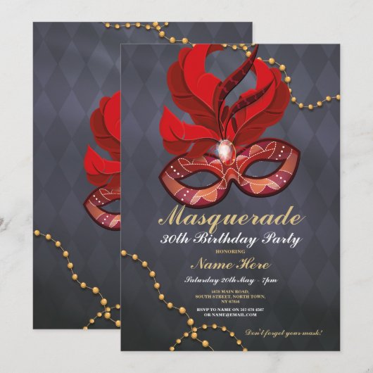 Masquerade Verjaardagsfeestje Gouden Rood Masker U Kaart (Voorkant / Achterkant)