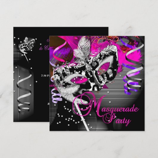 Masquerade Verjaardagsfeestje Masker Zilver Roze 2 Kaart (Voorkant / Achterkant)