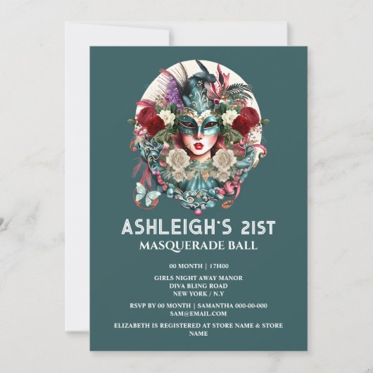 Masquerade verjaardagsvrouw met blauwgroen gouden  kaart (Voorkant)