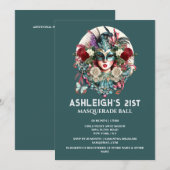 Masquerade verjaardagsvrouw met blauwgroen gouden  kaart (Voorkant / Achterkant)