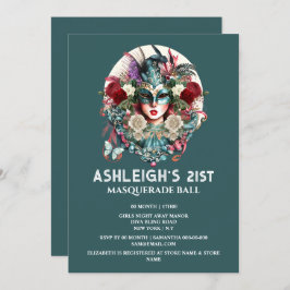 Masquerade verjaardagsvrouw met blauwgroen gouden  kaart