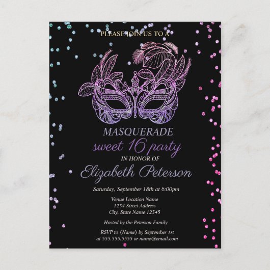 Masquerade Violet Diamonds, Masque Sweet 16 Uitnodiging Briefkaart (Voorkant)