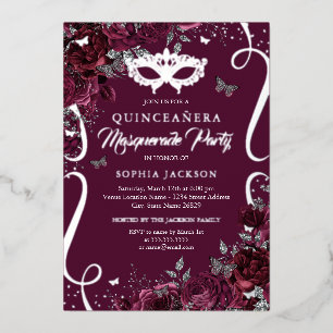 Masquerade Vlinder Bourgondië Zilver Quinceanera Folie Uitnodiging