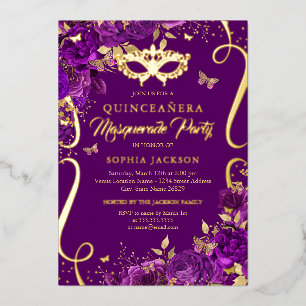 Masquerade Vlinder Paarse Quinceanera Folie Uitnodiging