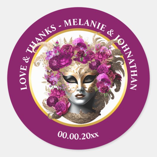 Masquerade vrouwengezicht roos bloemenroze bordeau ronde sticker (Voorkant)
