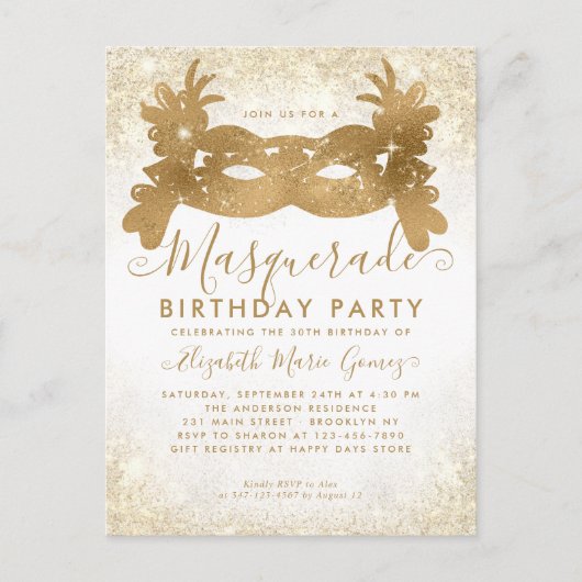 Masquerade Wit Goud Glitter Stof Verjaardagsfeestj Briefkaart (Voorkant)