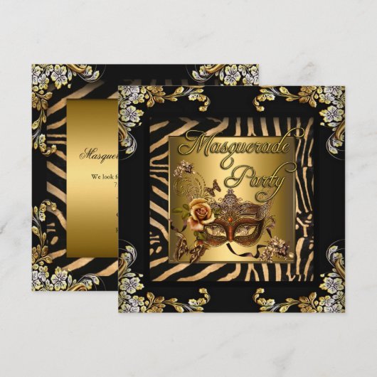 Masquerade Zebra Coffee Black Gold Birthday Party Kaart (Voorkant / Achterkant)