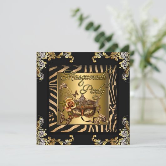 Masquerade Zebra Coffee Black Gold Birthday Party Kaart (Staand voorkant)