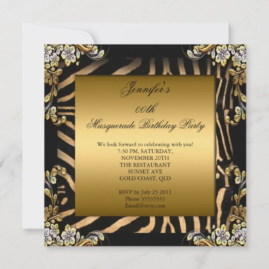 Masquerade Zebra Coffee Black Gold Birthday Party Kaart (Achterkant)