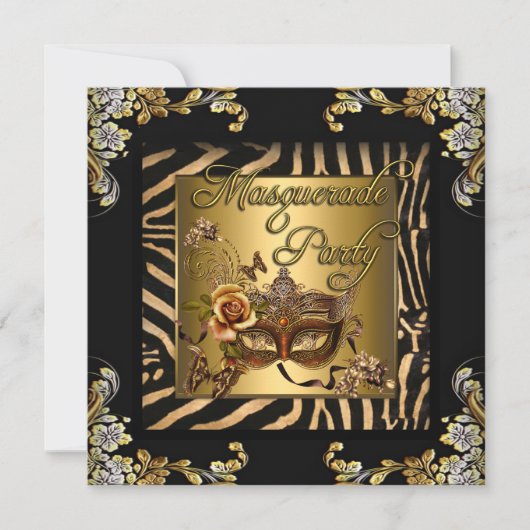 Masquerade Zebra Coffee Black Gold Birthday Party Kaart (Voorkant)