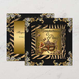 Masquerade Zebra Coffee Black Gold Birthday Party Kaart