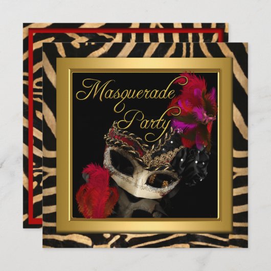Masquerade Zebra Masker Red Gold Birthday Party Kaart (Voorkant / Achterkant)