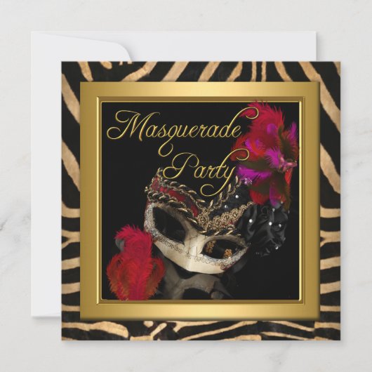 Masquerade Zebra Masker Red Gold Birthday Party Kaart (Voorkant)
