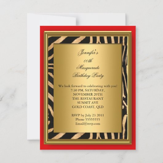 Masquerade Zebra Masker Red Gold Birthday Party Kaart (Achterkant)