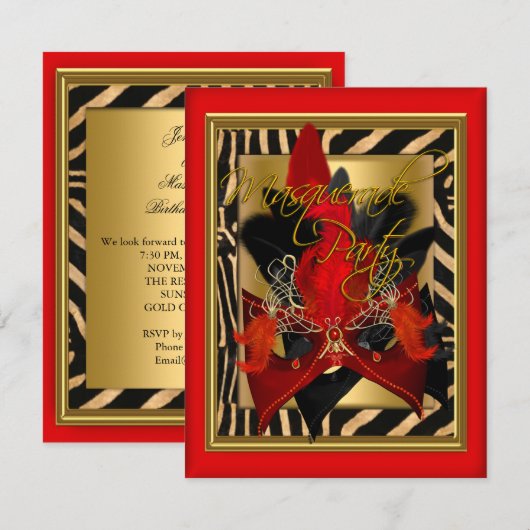 Masquerade Zebra Masker Red Gold Birthday Party Kaart (Voorkant / Achterkant)