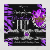 Masquerade Zebra Paars Birthday Party Kaart (Voorkant / Achterkant)