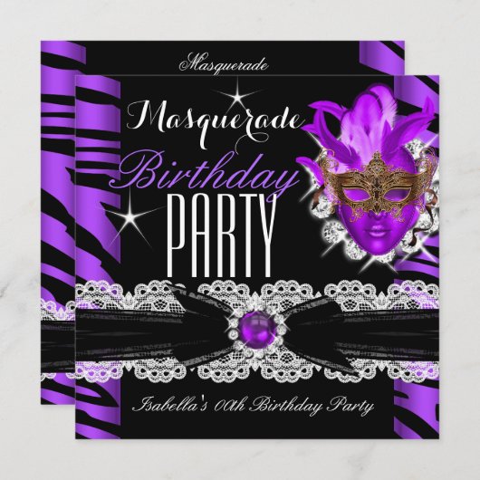 Masquerade Zebra Paars Birthday Party Kaart (Voorkant / Achterkant)