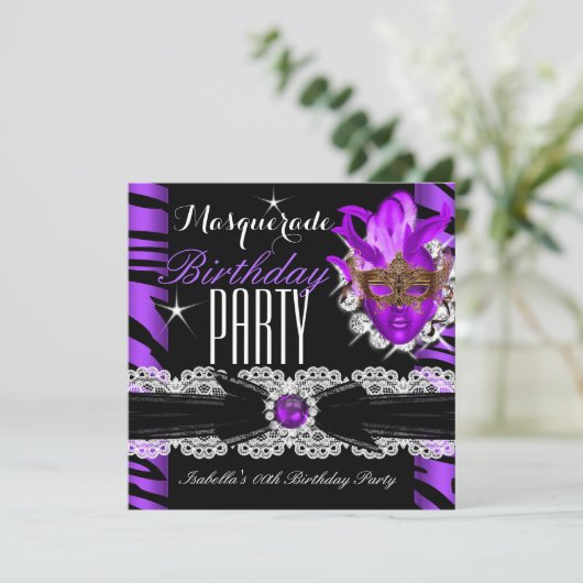 Masquerade Zebra Paars Birthday Party Kaart (Staand voorkant)