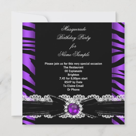 Masquerade Zebra Paars Birthday Party Kaart (Achterkant)