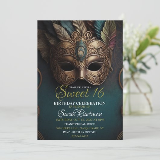 Masquerade zoet 16 uitnodiging (Staand voorkant)