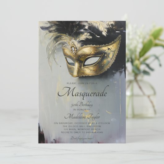 Masquerade Zwart Goud Masker Olie Art 50e Verjaard Kaart (Staand voorkant)