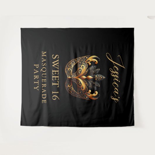 Masquerade Zwart Goud Sweet 16 Verjaardag Welkom Wandkleed (Voorkant (horizontaal))