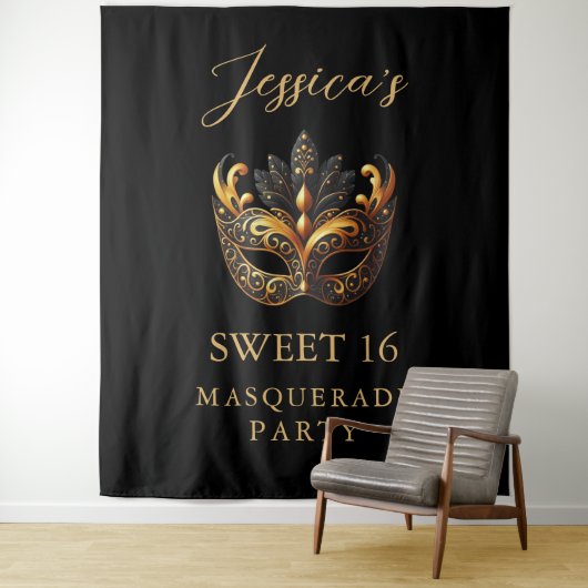 Masquerade Zwart Goud Sweet 16 Verjaardag Welkom Wandkleed (In situ)