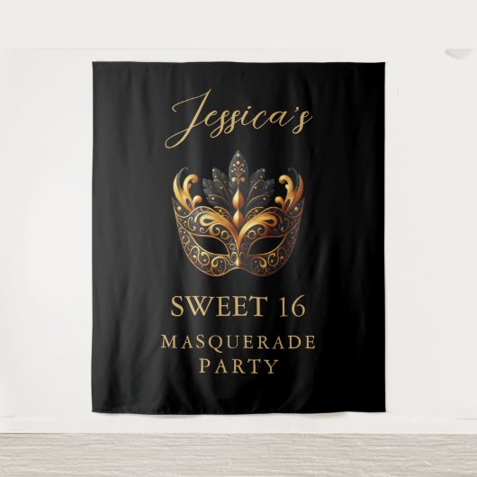 Masquerade Zwart Goud Sweet 16 Verjaardag Welkom Wandkleed (Voorkant)