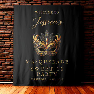 Masquerade Zwart Goud Sweet 16 Verjaardags Welkom Wandkleed