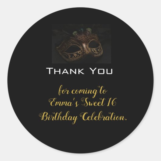 Masquerade Zwart Goud Verjaardag Dank u Ronde Sticker (Voorkant)