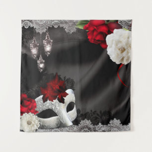 Masquerade Zwart Rood Elegant Bloemenfeest Achterg Wandkleed