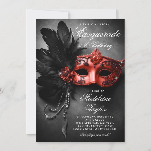 Masquerade Zwart Rood Elegant Chic 50e Verjaardag Kaart (Voorkant)