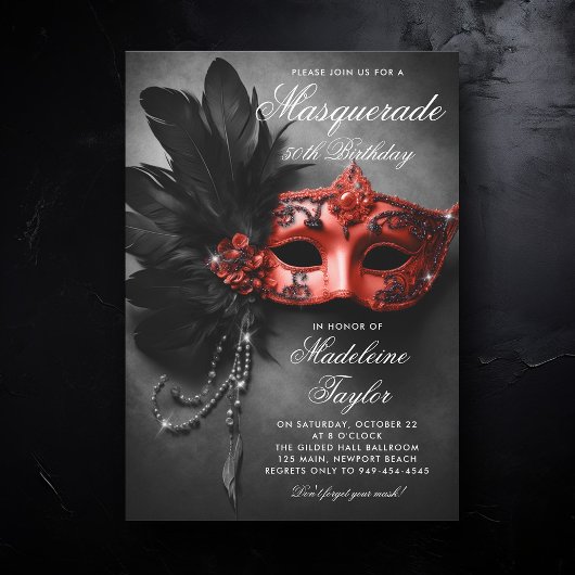 Masquerade Zwart Rood Elegant Chic 50e Verjaardag Kaart