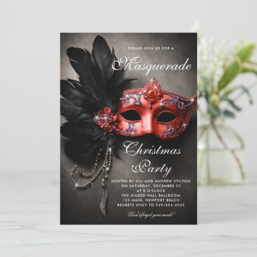 Masquerade Zwart Zilver Rood Moody Kerstfeest Kaart (Staand voorkant)