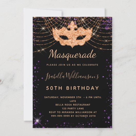 Masquerade zwarte paarse glitter-stofverjaardag kaart (Voorkant)