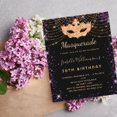 Masquerade zwarte paarse glitter verjaardagsuitnod