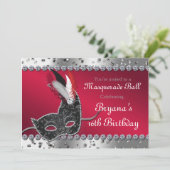 Masqueradebalfeest Zilver en Rode Uitnodiging (Staand voorkant)