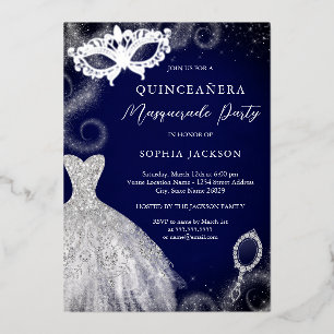 Masqueradefeest Navy Zilveren Jurk Quinceanera Folie Uitnodiging