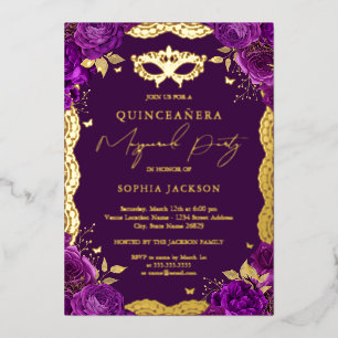 Masqueradefeest Paarse Bloemrijke Kant Quinceanera Folie Uitnodiging